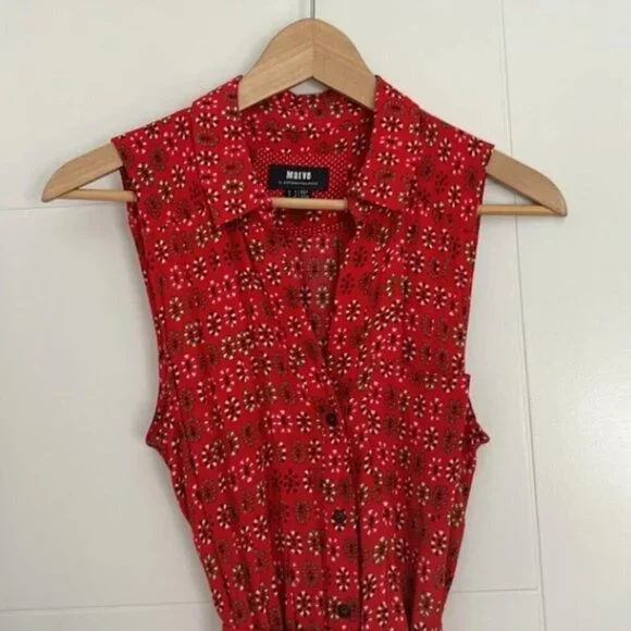 MAEVE (by Anthropologie) Vicki Red Geometric Floral Shirtdress Sleeveless Midi 2 - Picture 8 of 11